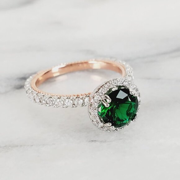 NEW Two Tone Round Emerald Diamond Halo‎ Ring - Picture 1 of 15